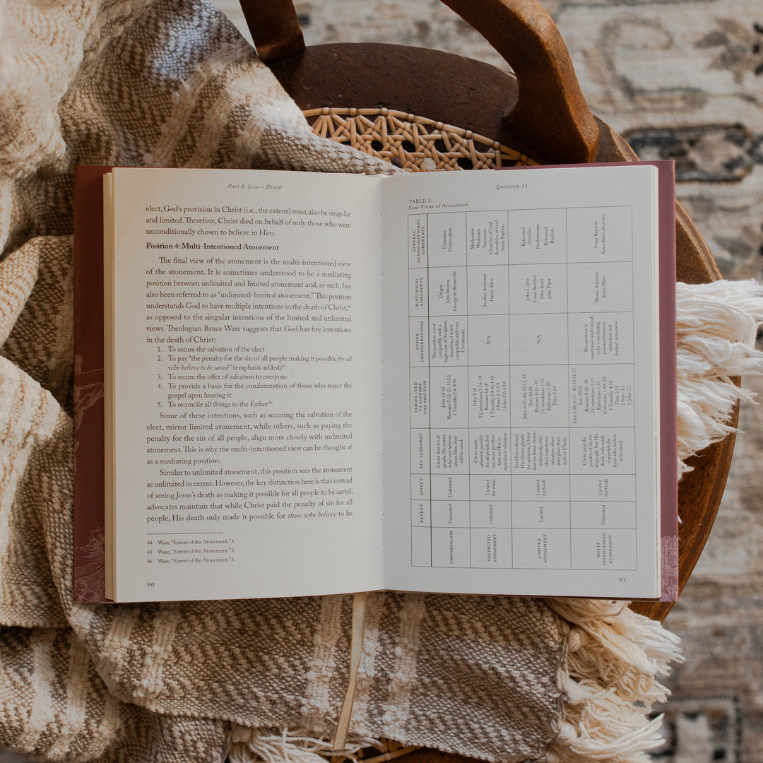 Why Did Jesus Have To Die opened to the four views of atonement page on a blanket and a woven chair