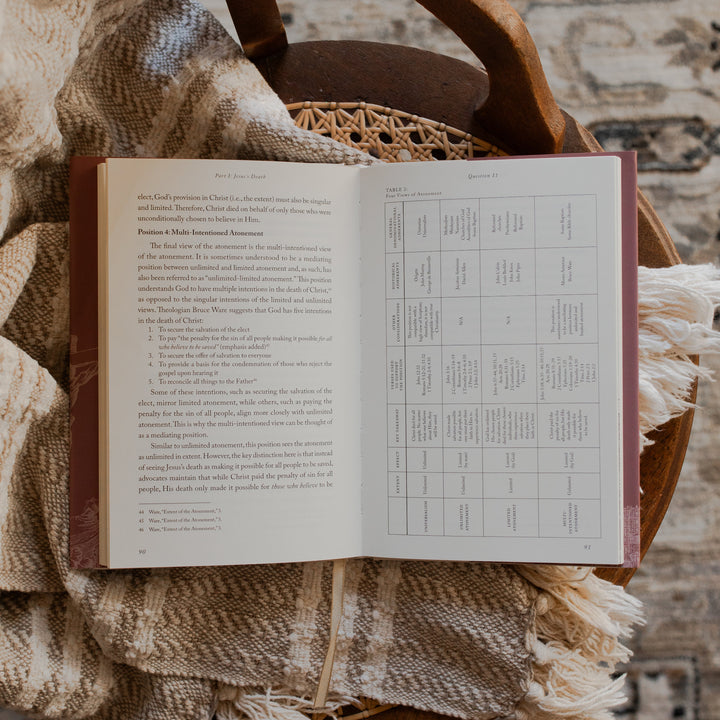 Why Did Jesus Have To Die opened to the four views of atonement page on a blanket and a woven chair