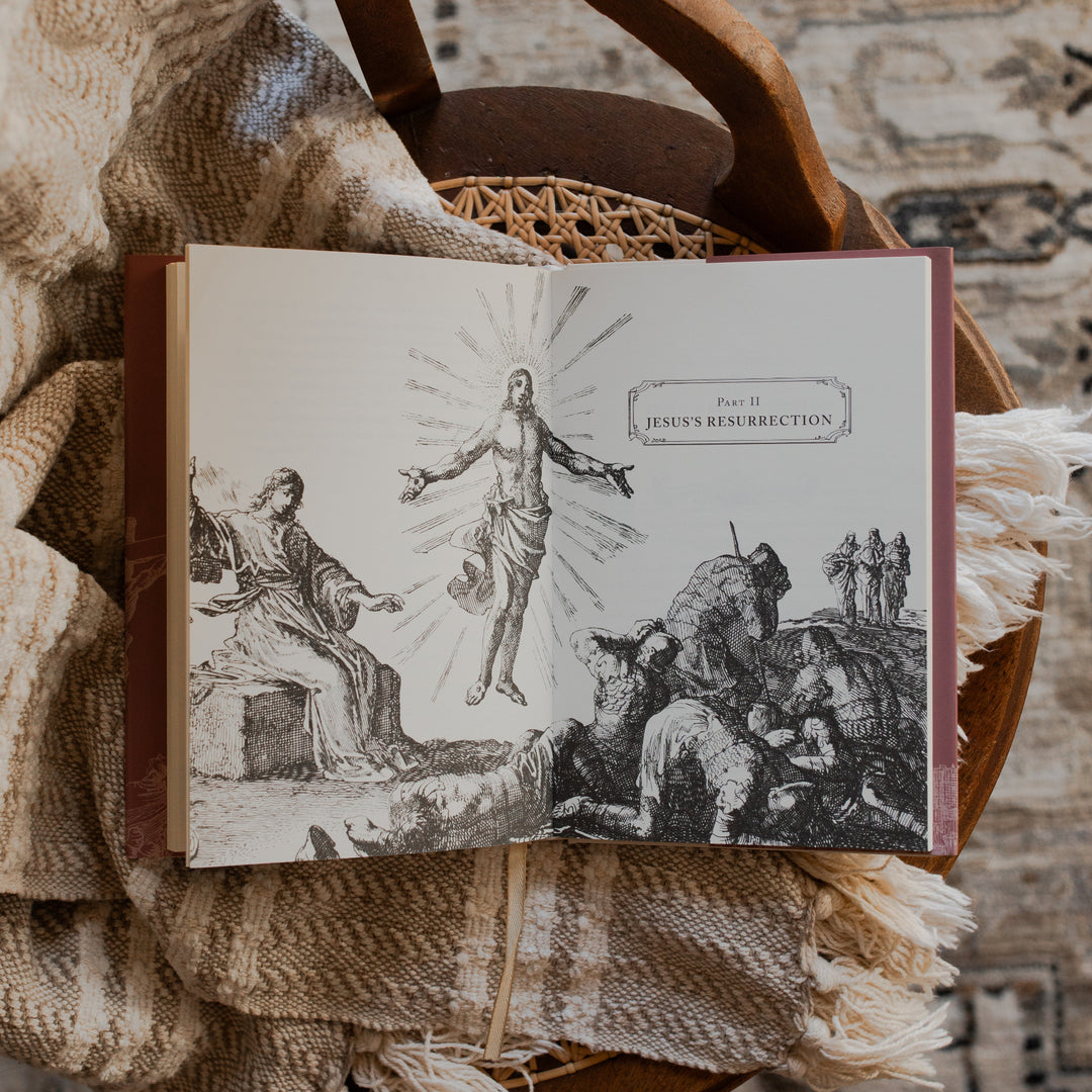 Why Did Jesus Have To Die opened to the Jesus's Resurrection page on a blanket and a woven chair