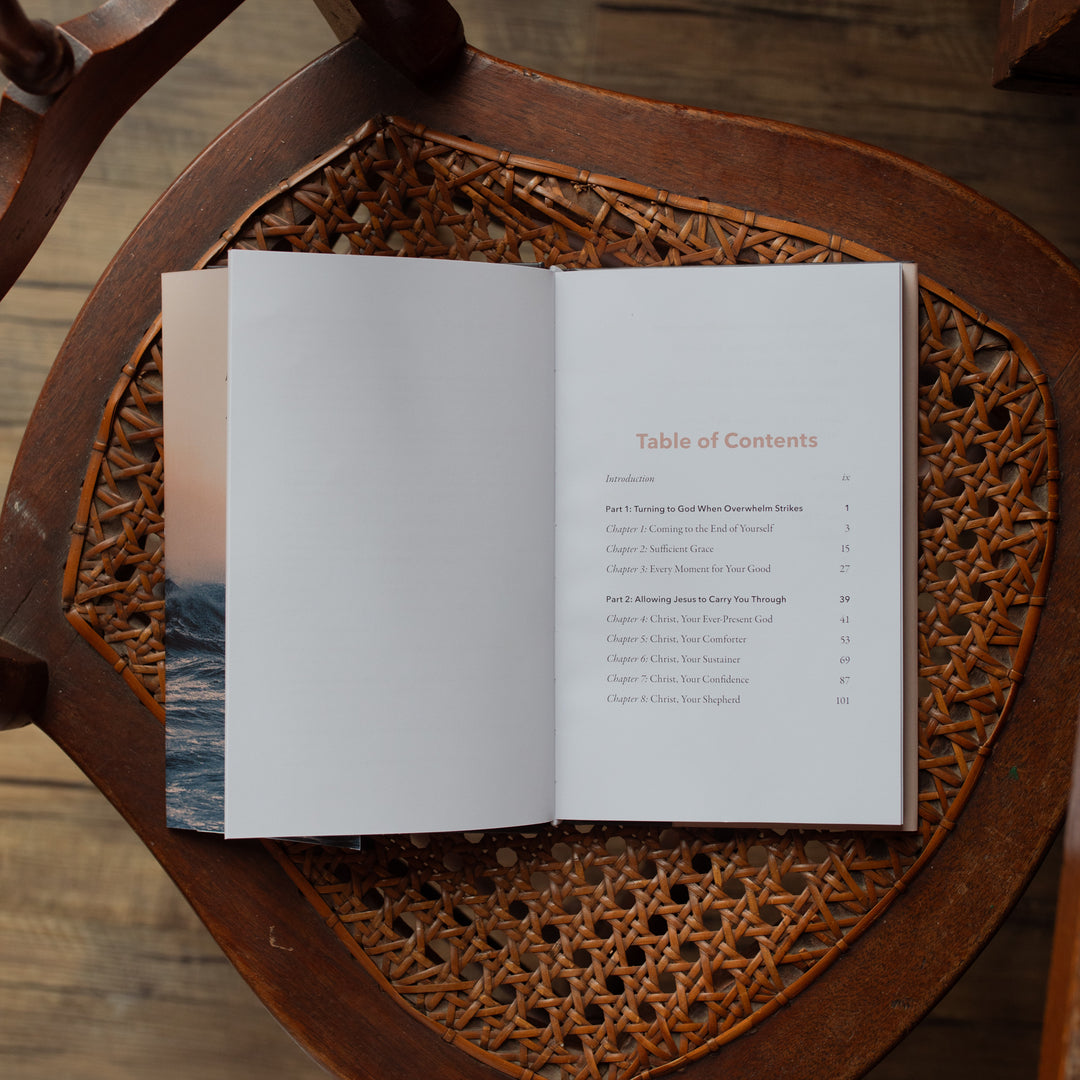 Will I Make It Through hardcover cover on a wooden and woven chair near an open book labeled table of contents