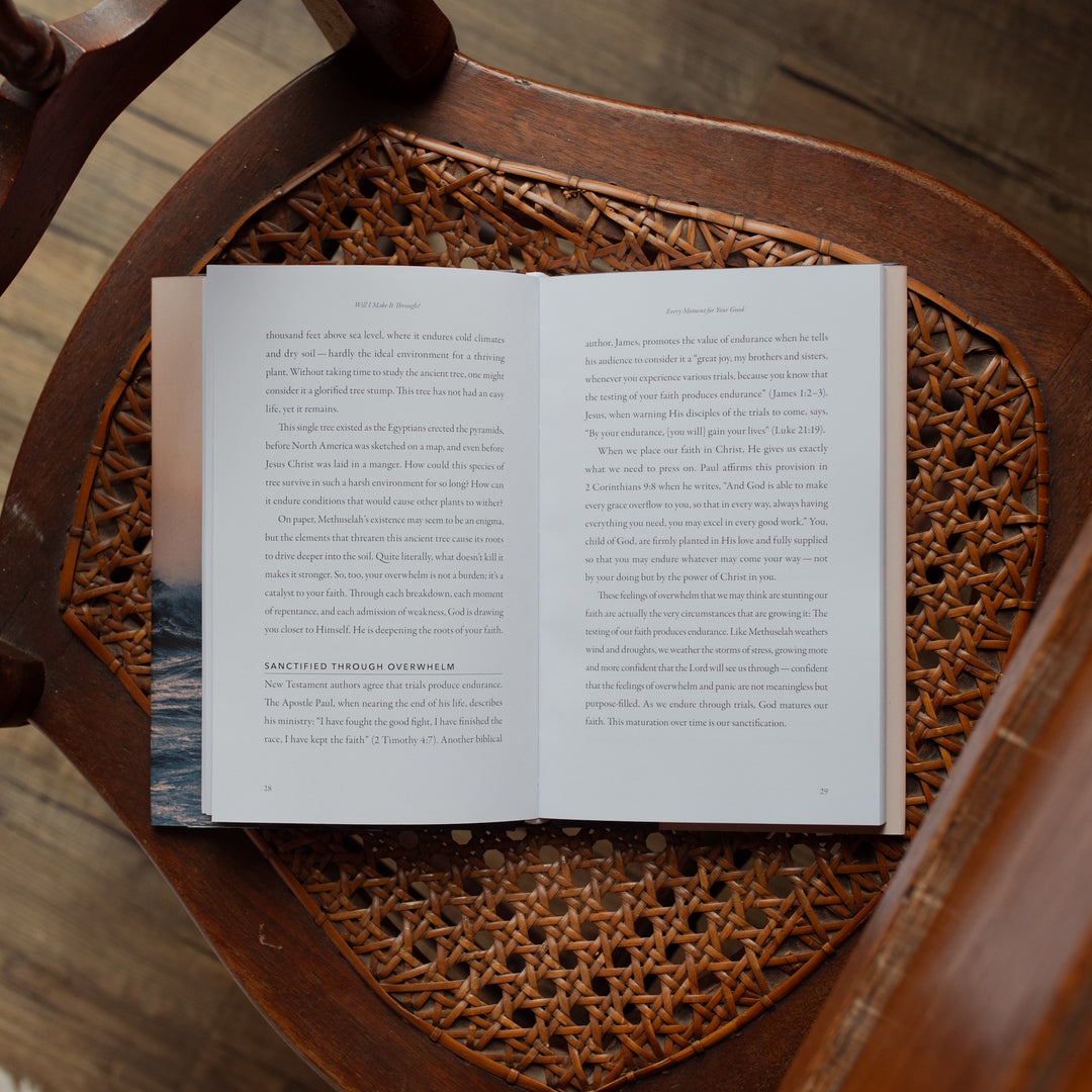 Will I Make It Through hardcover cover on a woven and wooden chair opened to the Every Moment for your Good mid reading page