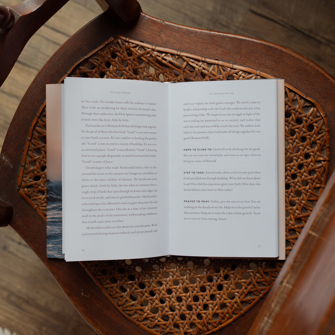Will I Make It Through hardcover cover on a woven and wooden chair opened to the Every Moment for your Good applications page