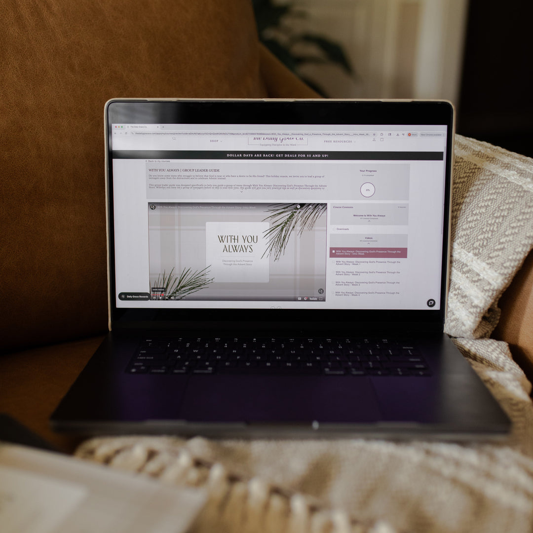 With you Always Digital Group Leader Guide is loaded on a laptop on a leather couch and a knitted blanket