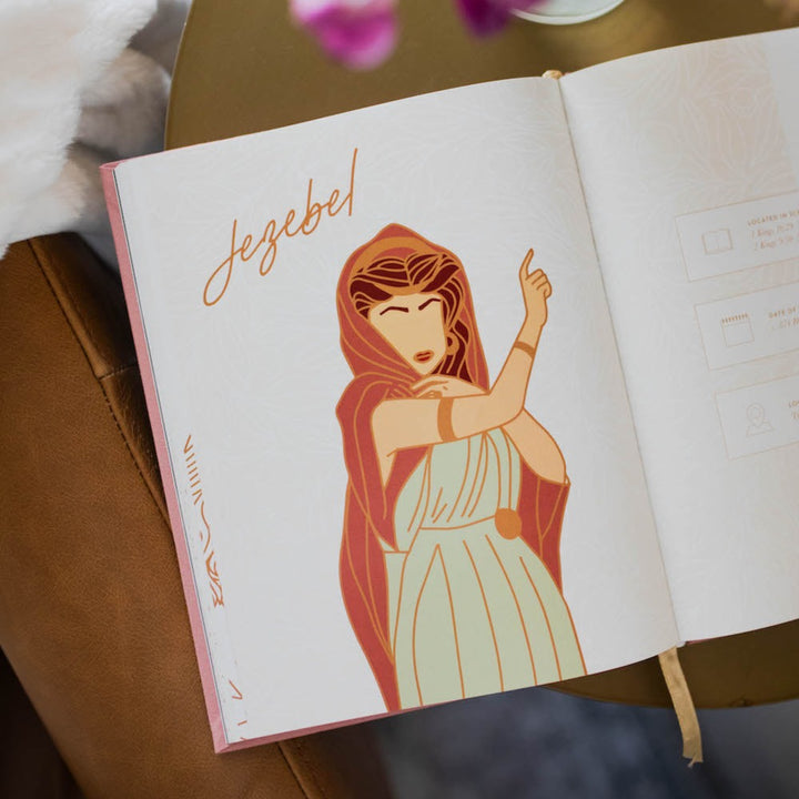 Women of the Bible book open to page with an illustration of Jezebel