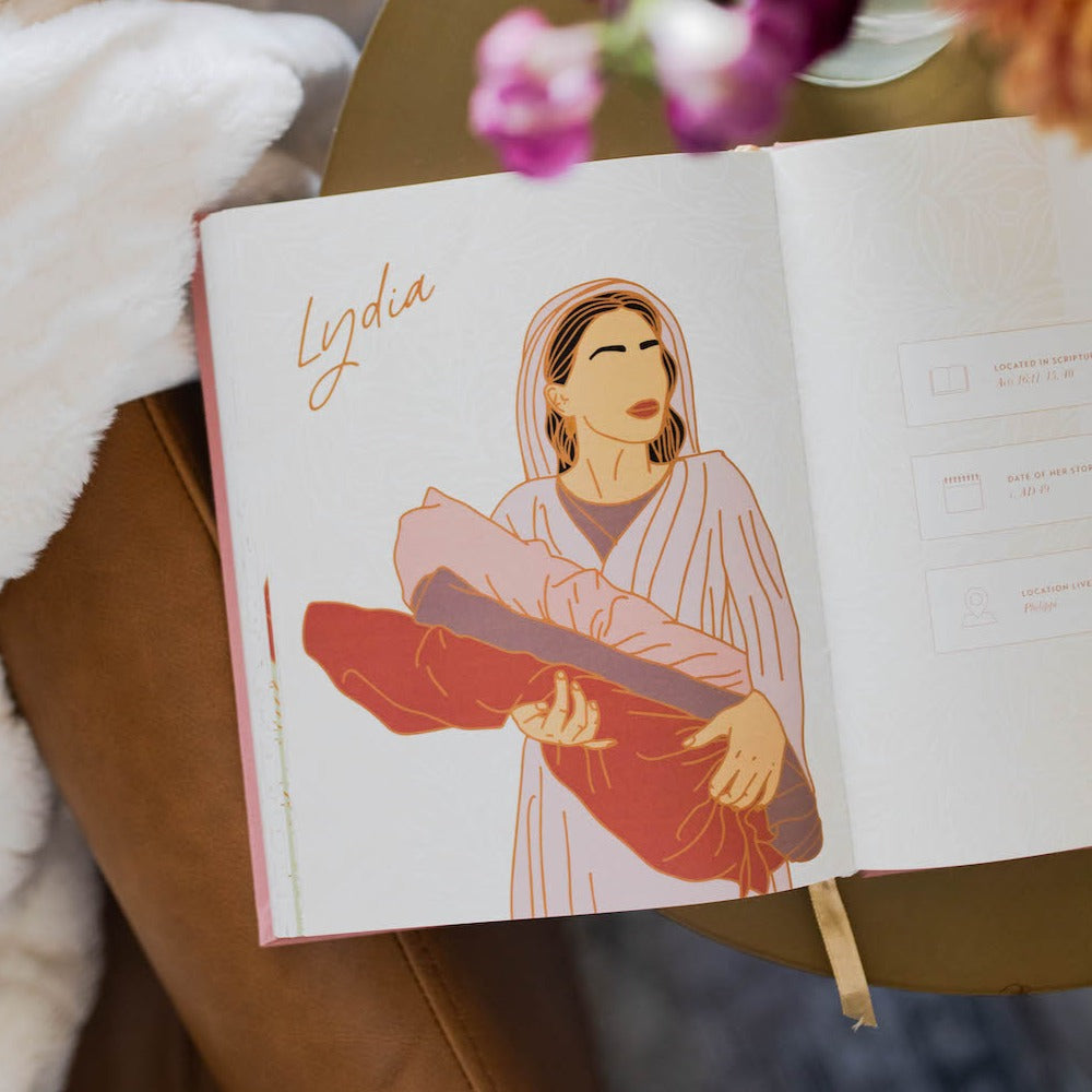 Women of the Bible open to page with an illustration of Lydia from the Bible