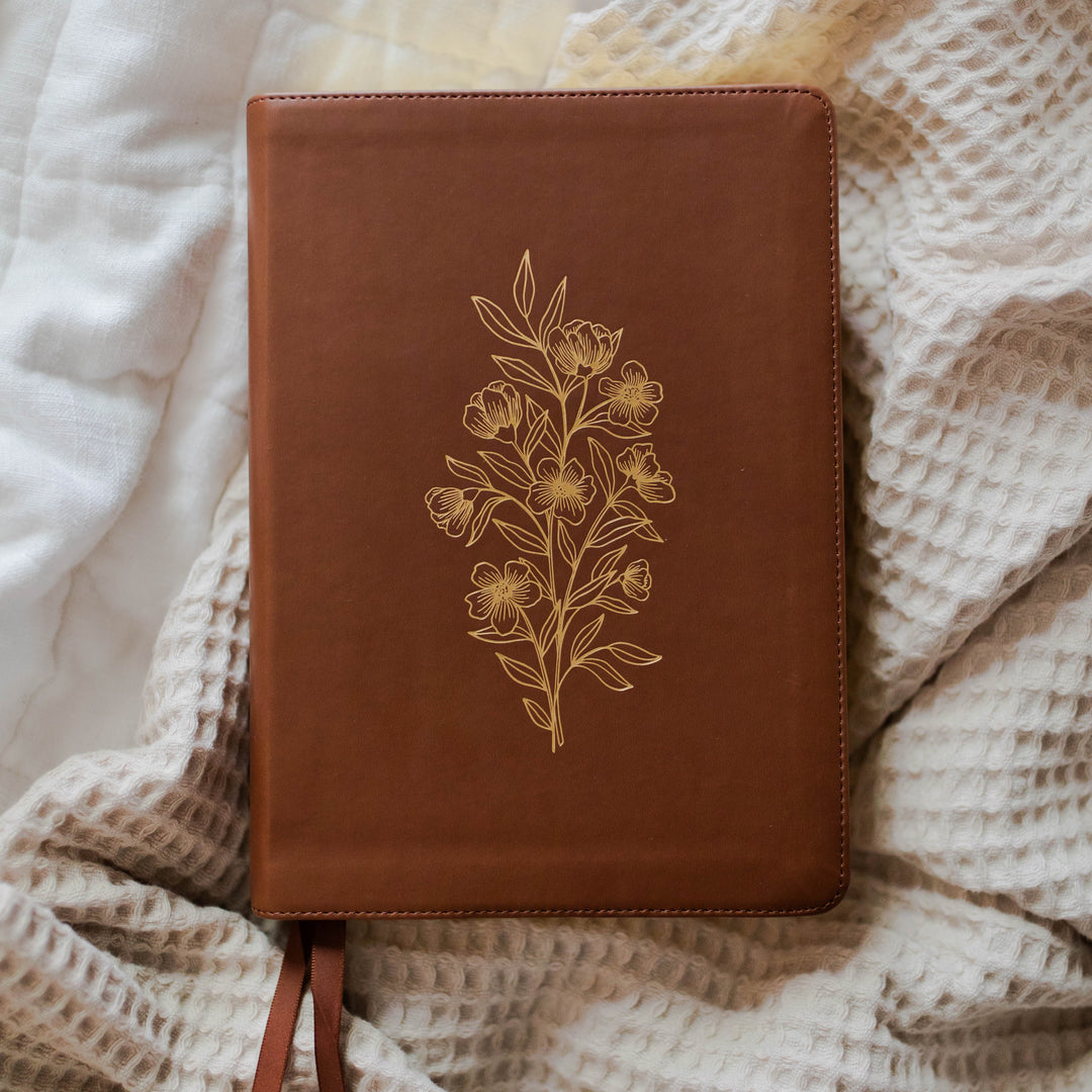 leather floral esv study bible in camel 