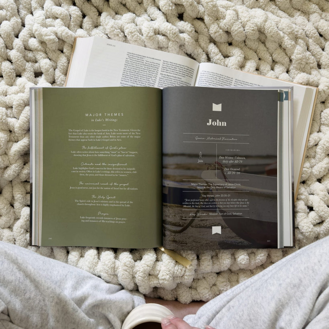 An open book spread lies on a chunky cream knit blanket, with a person's legs and hand holding a mug visible in the foreground. The left page is olive green with text, and the right page is dark gray with the title 'John' and a small book icon.