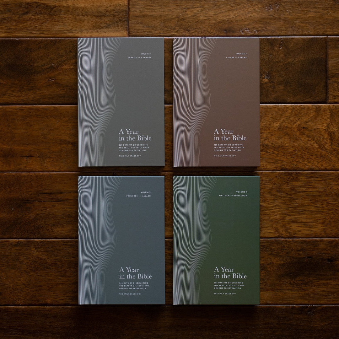 A 4 Volume set of A Year in the Bible Men's Studies placed next to each other on a wooden floor