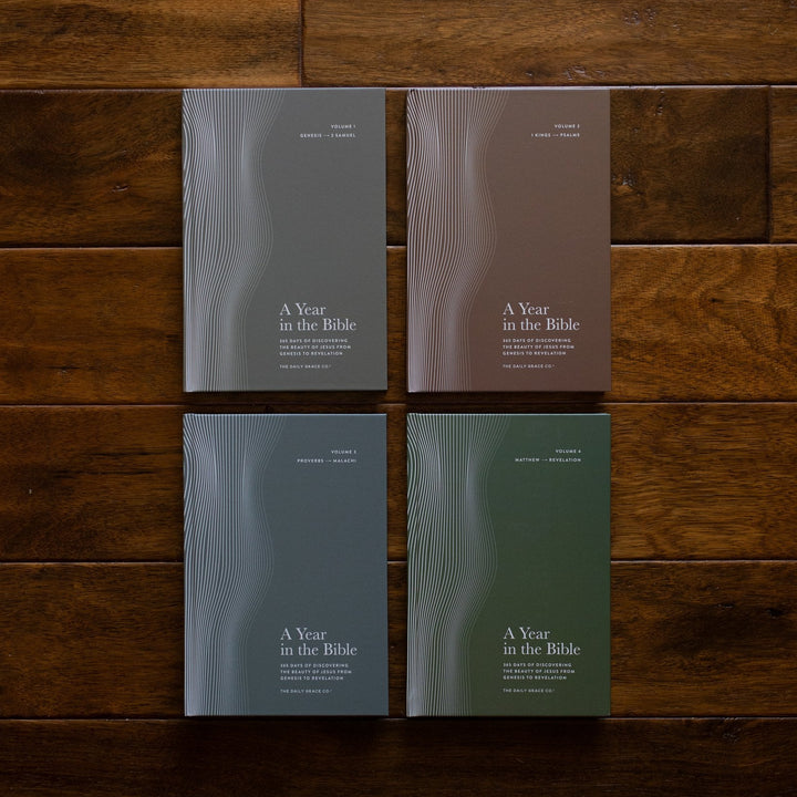 A 4 Volume set of A Year in the Bible Men's Studies placed next to each other on a wooden floor