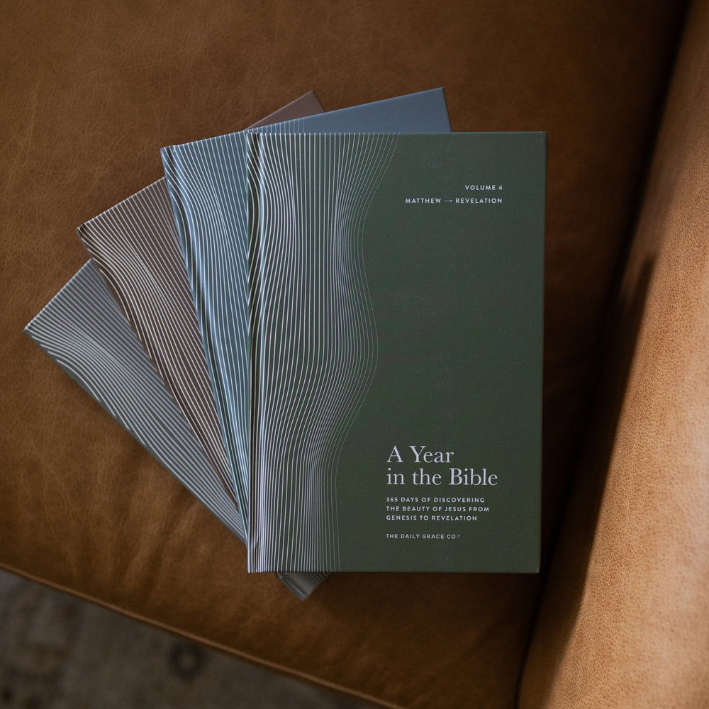 A 4 Volume set of A Year in the Bible Men's Studies stacked on each other on a leather couch