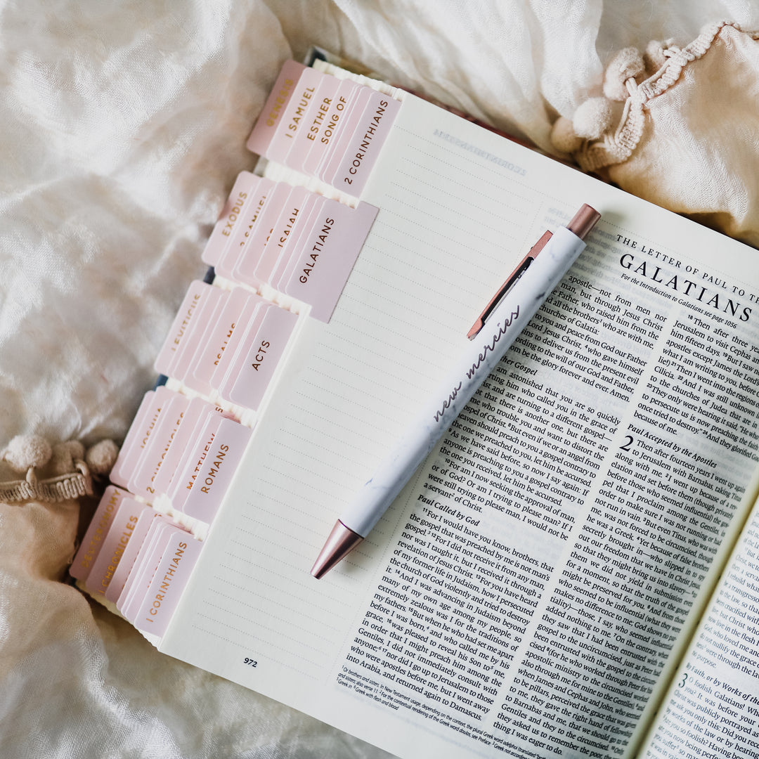 Pink Bible tabs in journaling bible