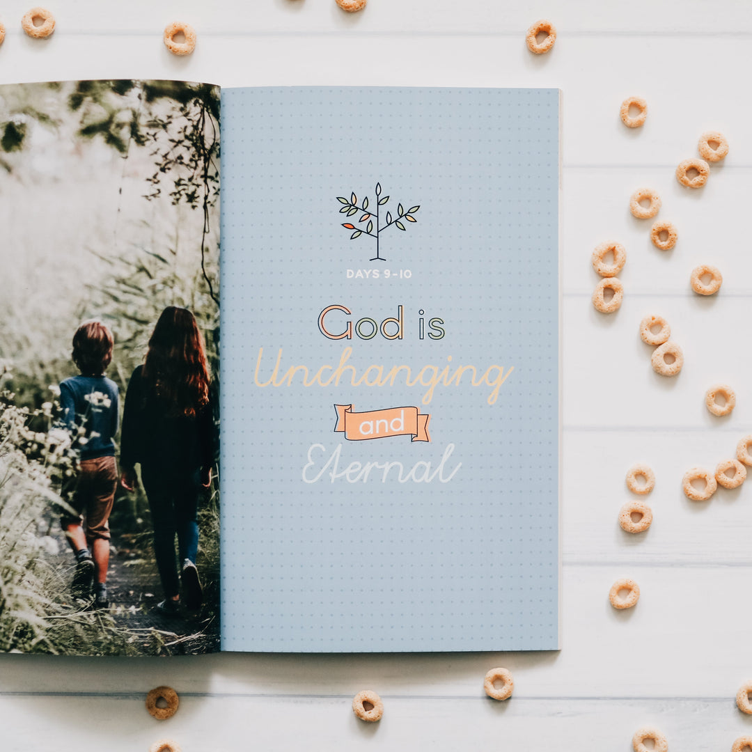 Colorful page of Bible Study on table surrounded by cereal