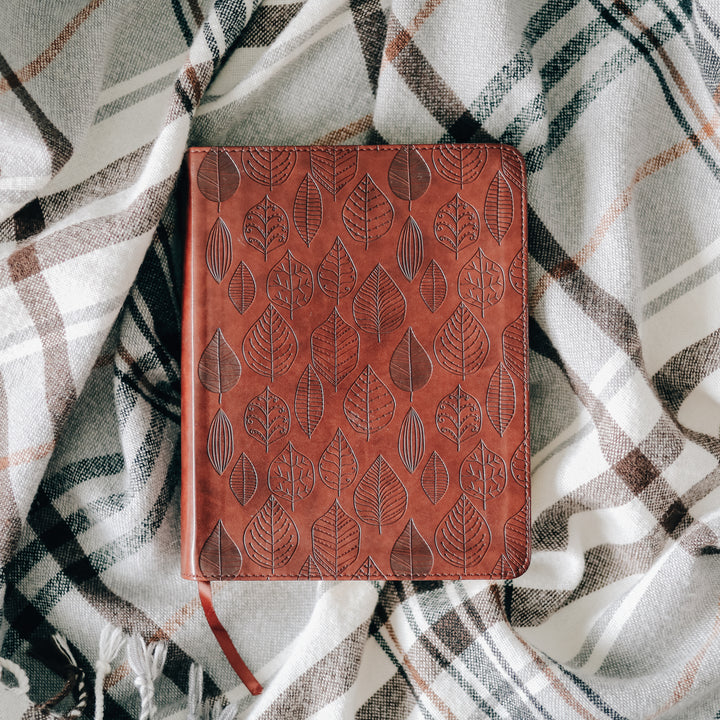 brown journaling bible with leaves on cover