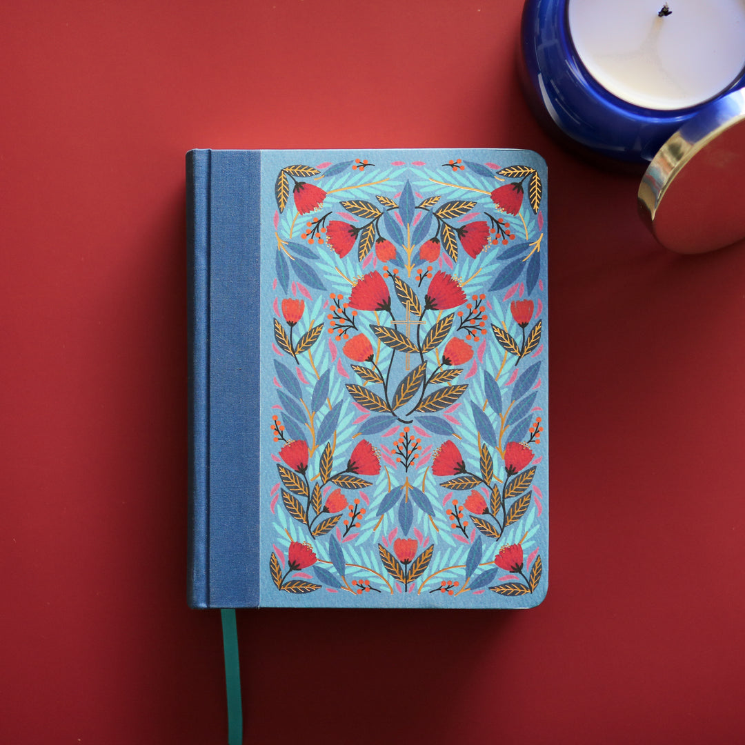 blue and red floral journaling bible for women