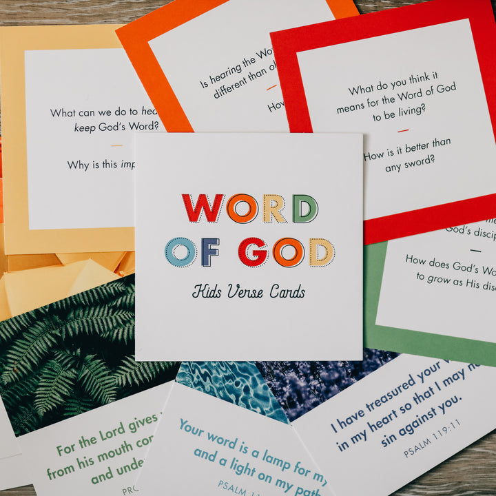 kids verse cards spread out to show questions and scripture