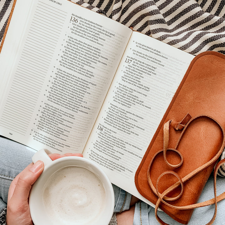 large print single column journaling bible with leather strap