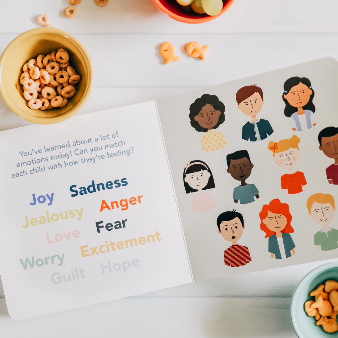 Display of characters inside board book for kids experiencing emotions 