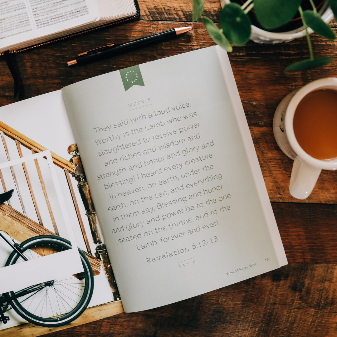 Men's Bible Study on worship sitting on wooden table with a pen and a mug