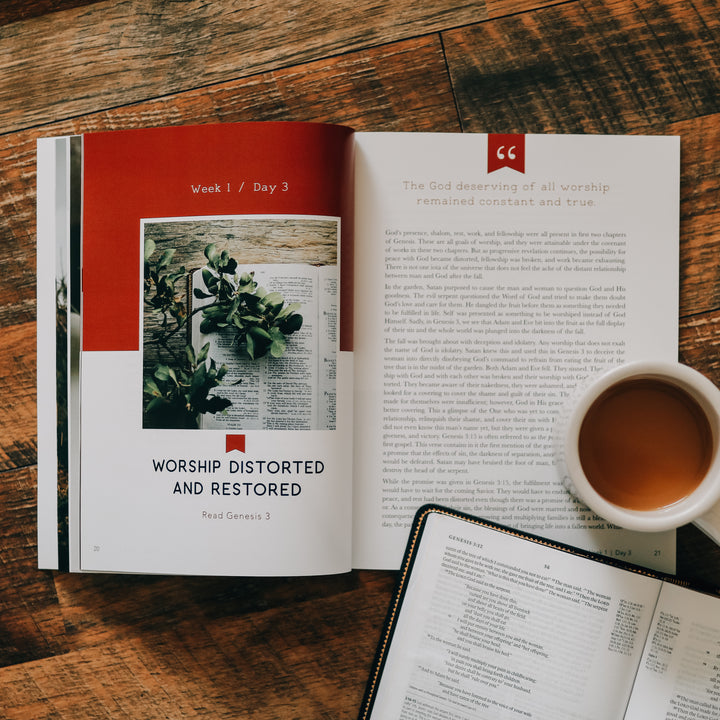 Men's Bible Study on worship sitting open next to Bible with a mug on it