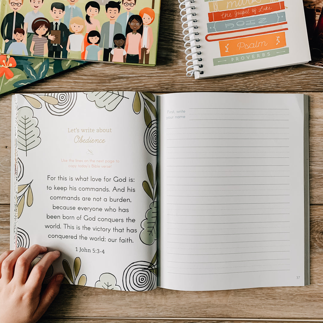 My Scripture Workbook: Bible Verses About Character is open to an activity page dedicated to Obedience with a child's arm resting on the activity page on the table.