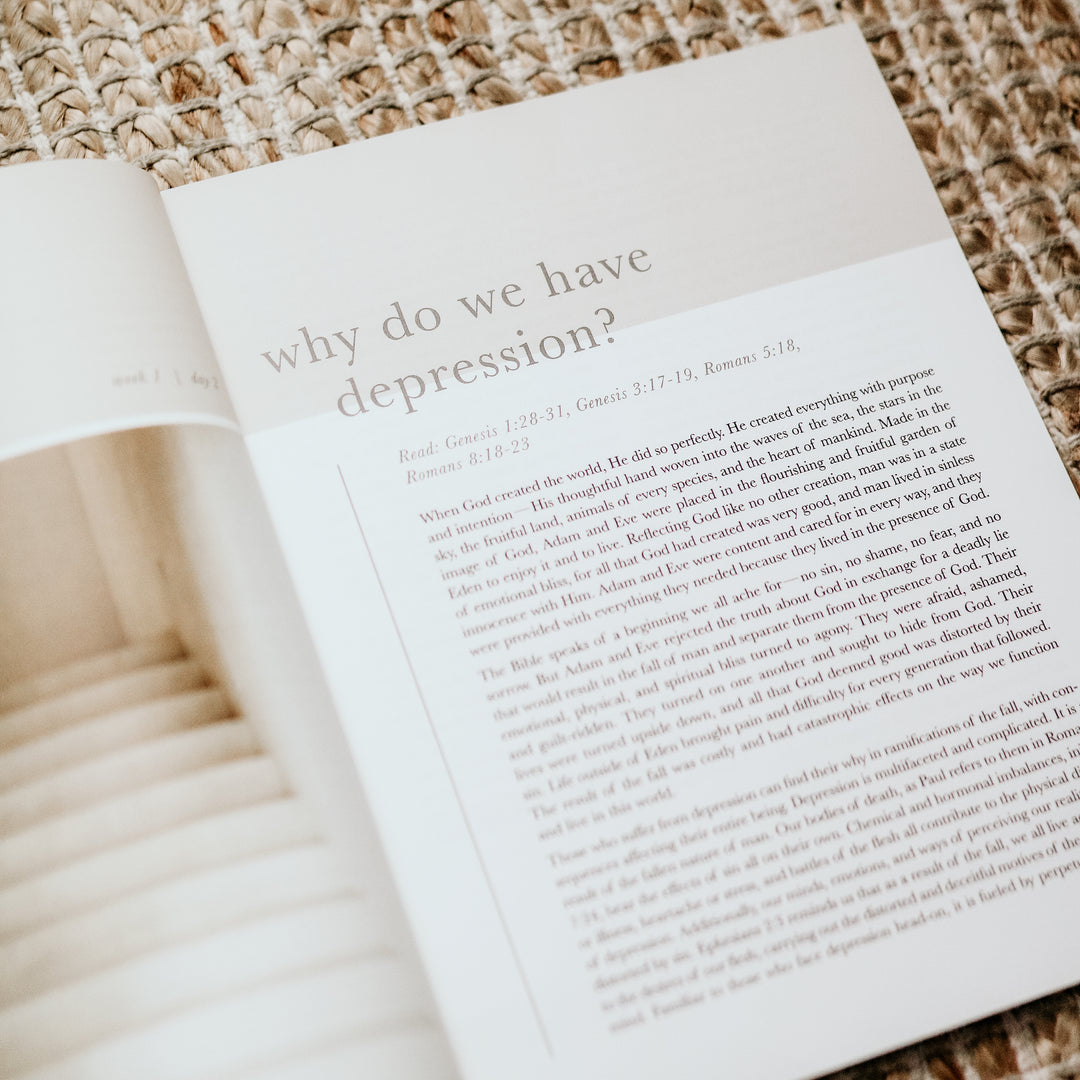 Image of the Never Alone Bible study, open to a page that reads, "Why do we have depression?"