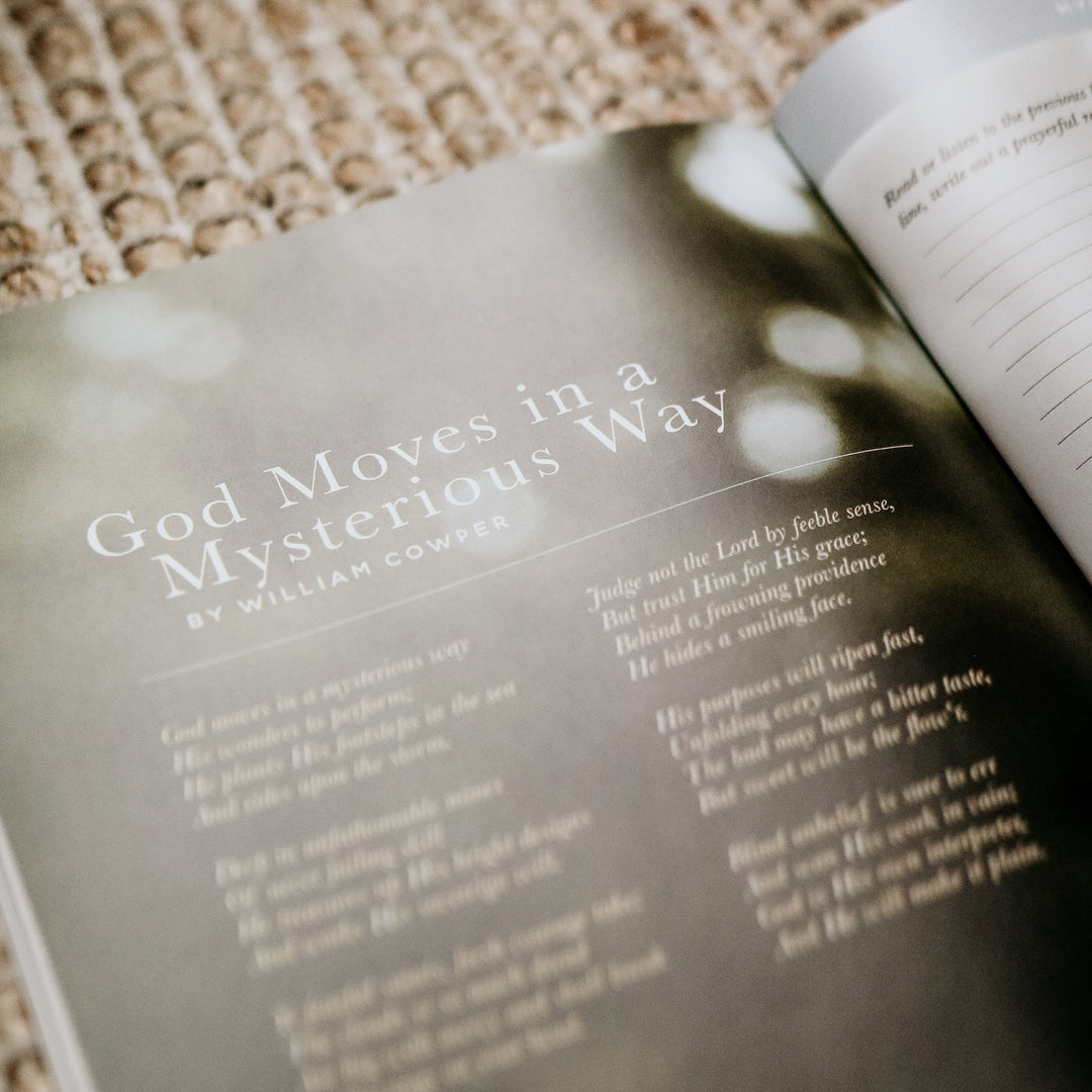 Image of the Never Alone Bible study, open to an image of a poem by William Cowper.