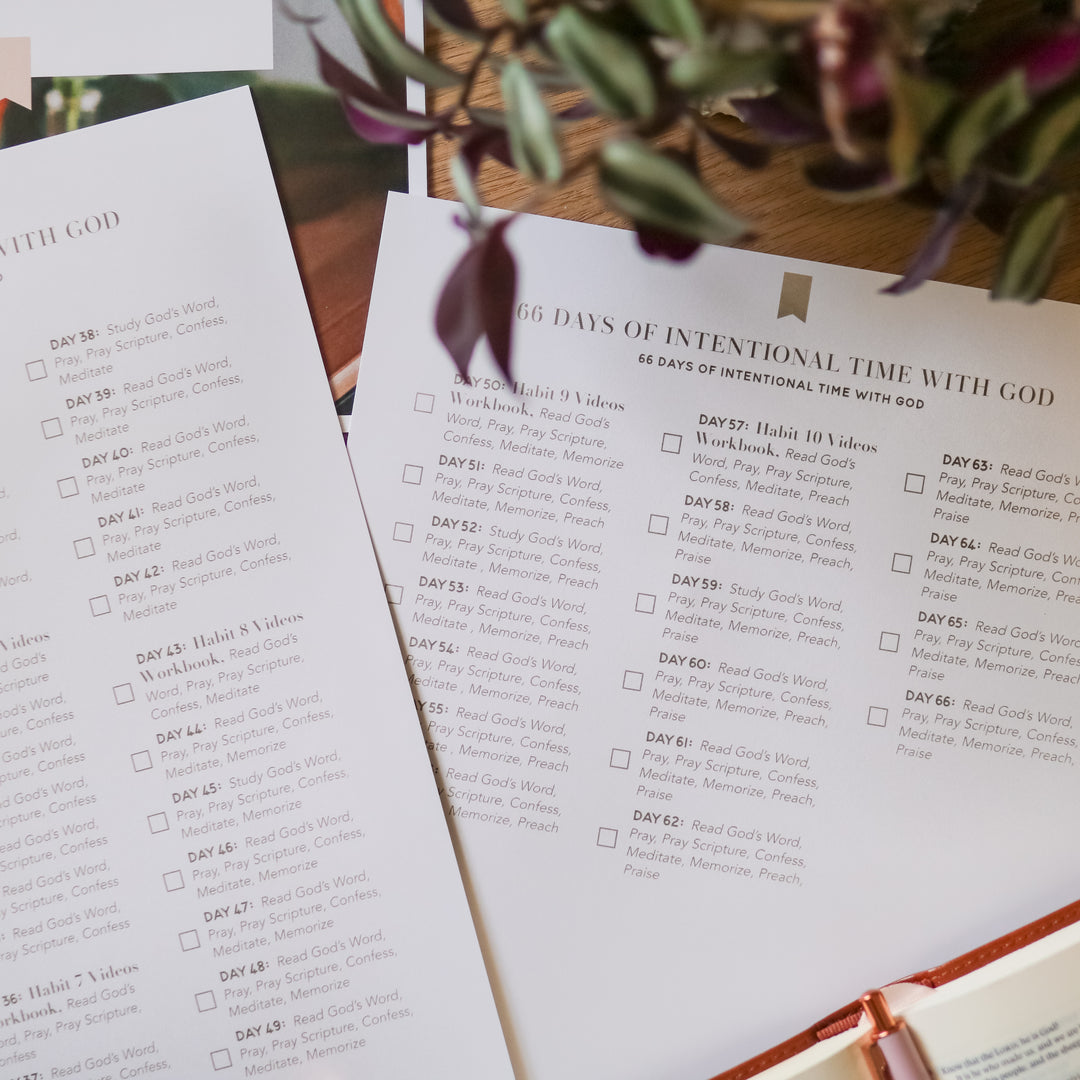 Second page of checklist on a wooden table next to a plant. 