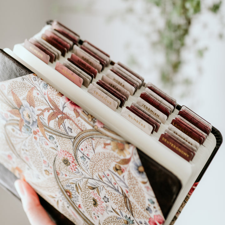 Rose Floral tabs on a closed Bible.