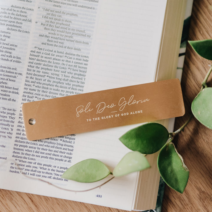 Soli Deo Gloria Ruler - brass ruler bookmark with imprinting: "To the glory of God alone"