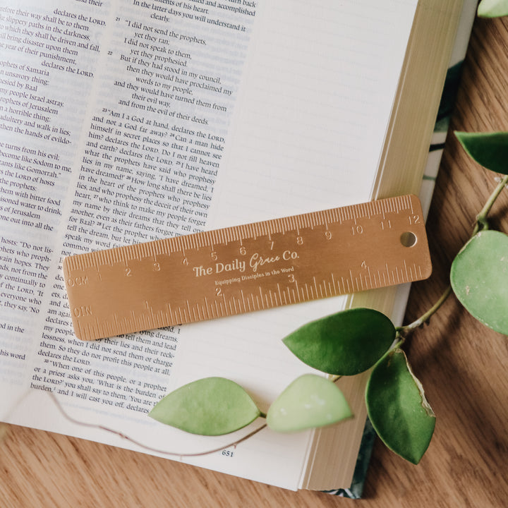 Soli Deo Gloria Ruler - brass ruler bookmark with imprinting: "The Daily Grace Co."