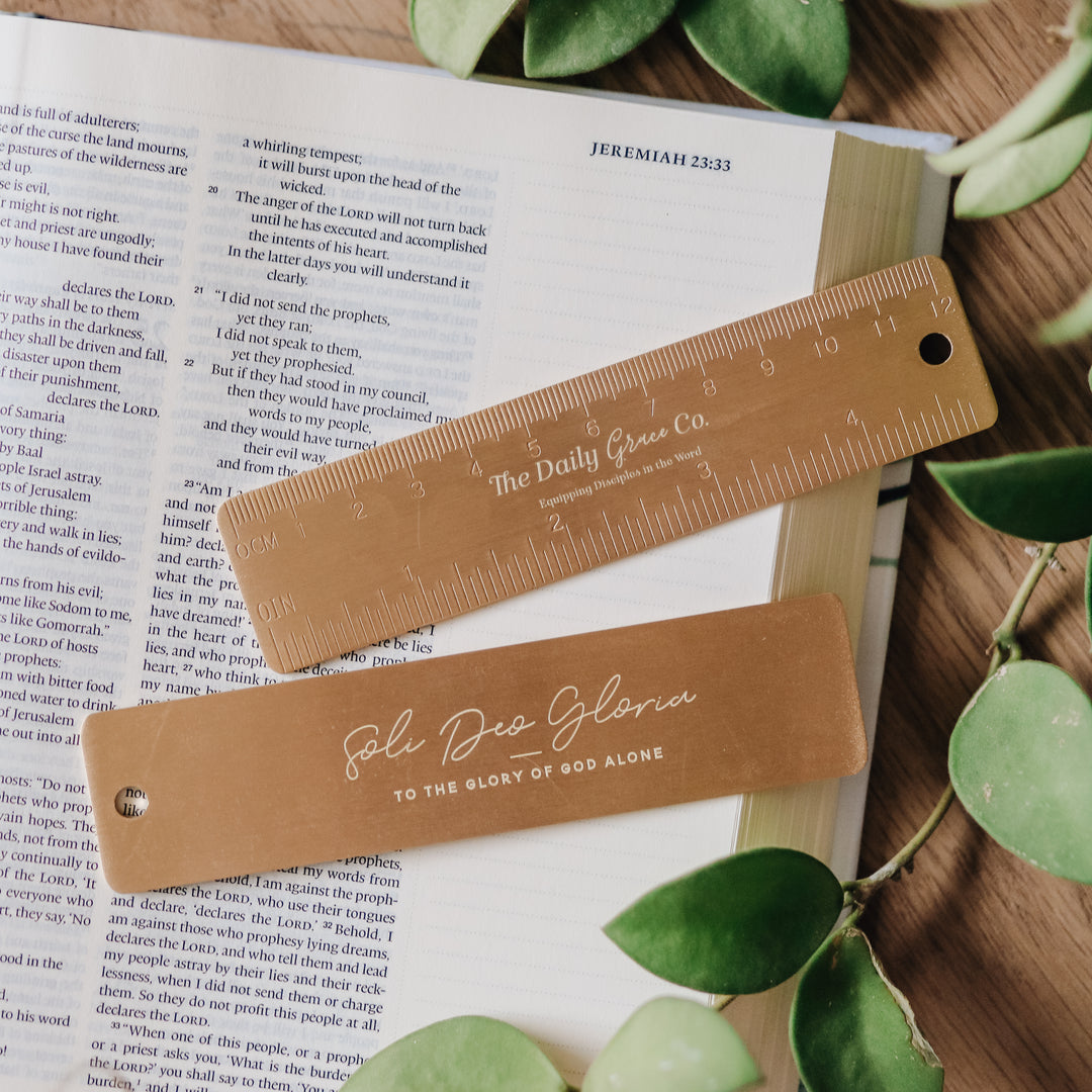 Soli Deo Gloria Ruler - brass ruler bookmark with imprinting on front and back