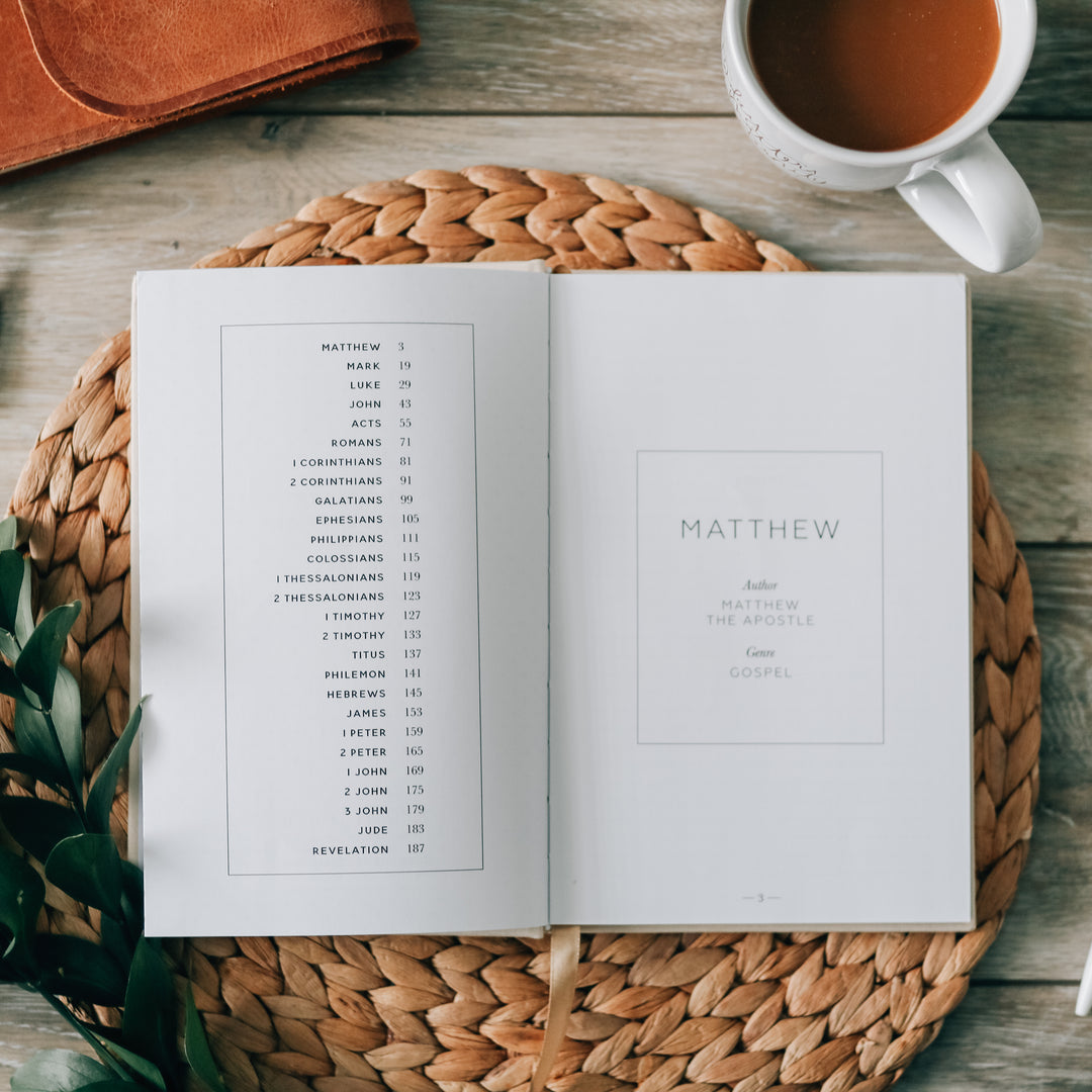 journal opened on mat to table of contents next to coffee mug