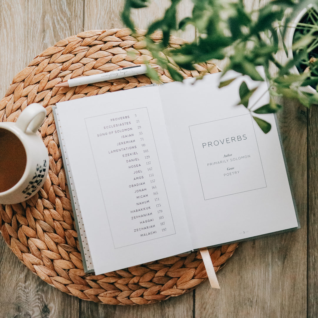 journal opened to pages of table of contents next to coffee mug