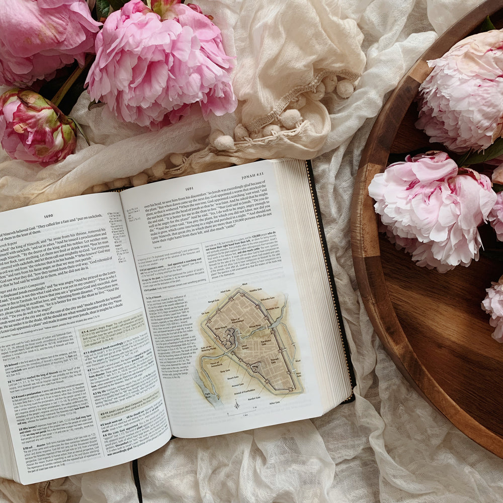 study bible map and peonies