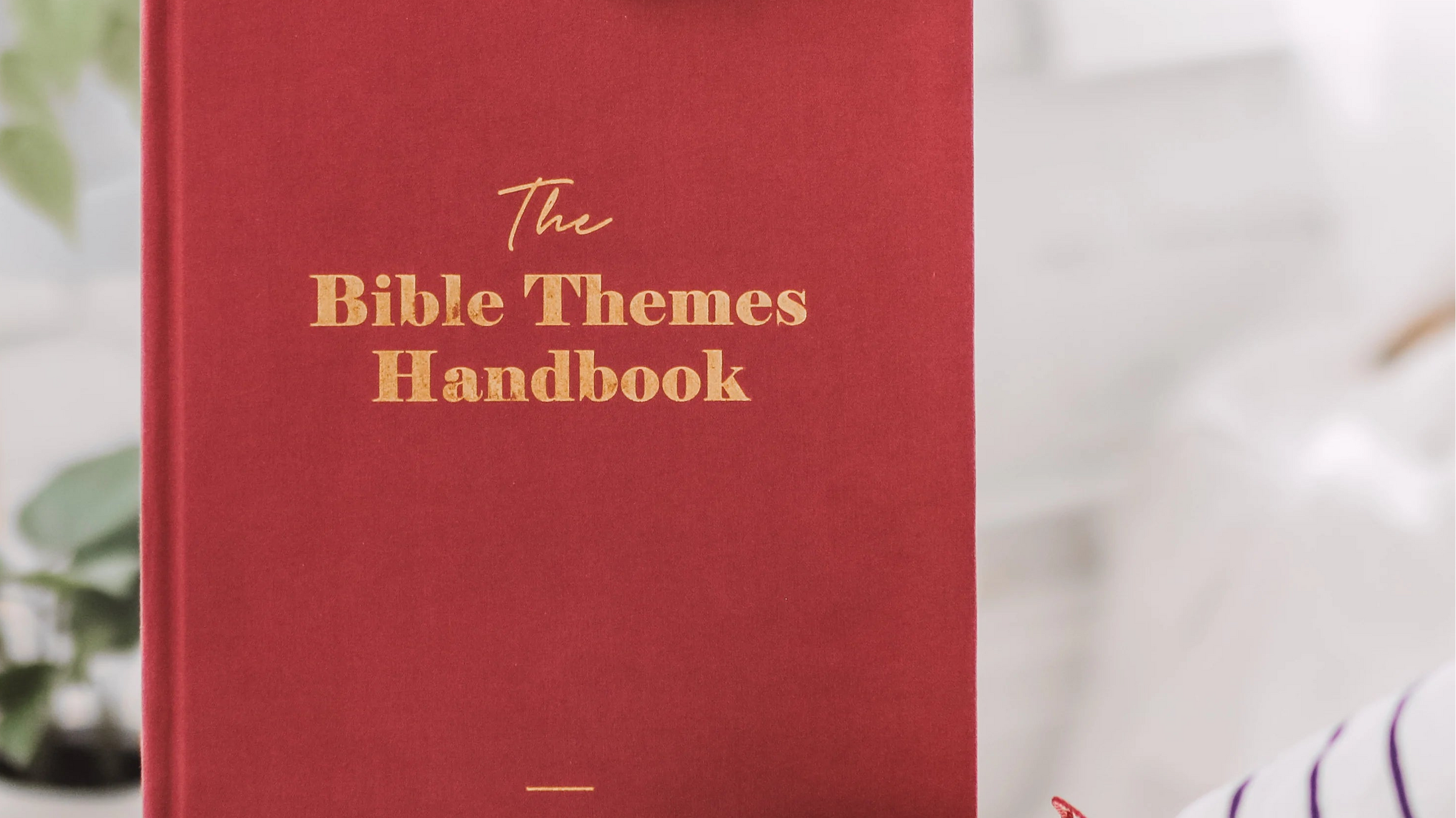 A person holding 'The Bible Themes Handbook' with a red cover and gold foil details.