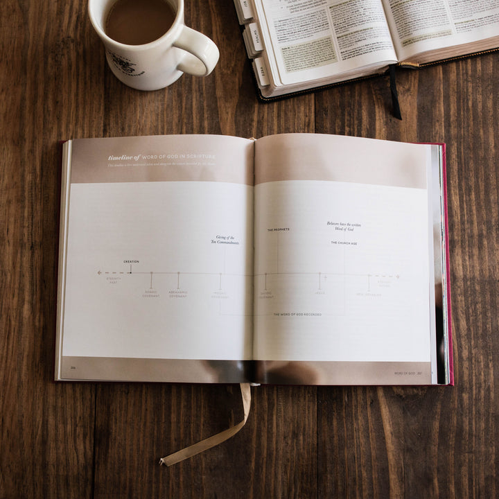 Handbook open to timeline page on table next to coffee