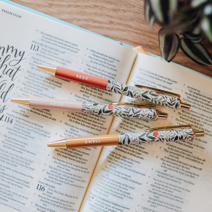 Wildflower printed pens sitting on Bible