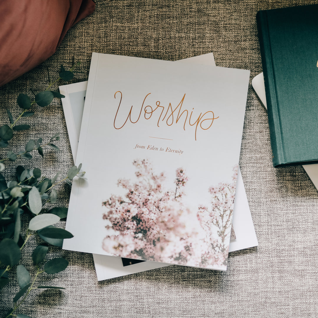 women's Bible Study on worship sitting on couch next to plant