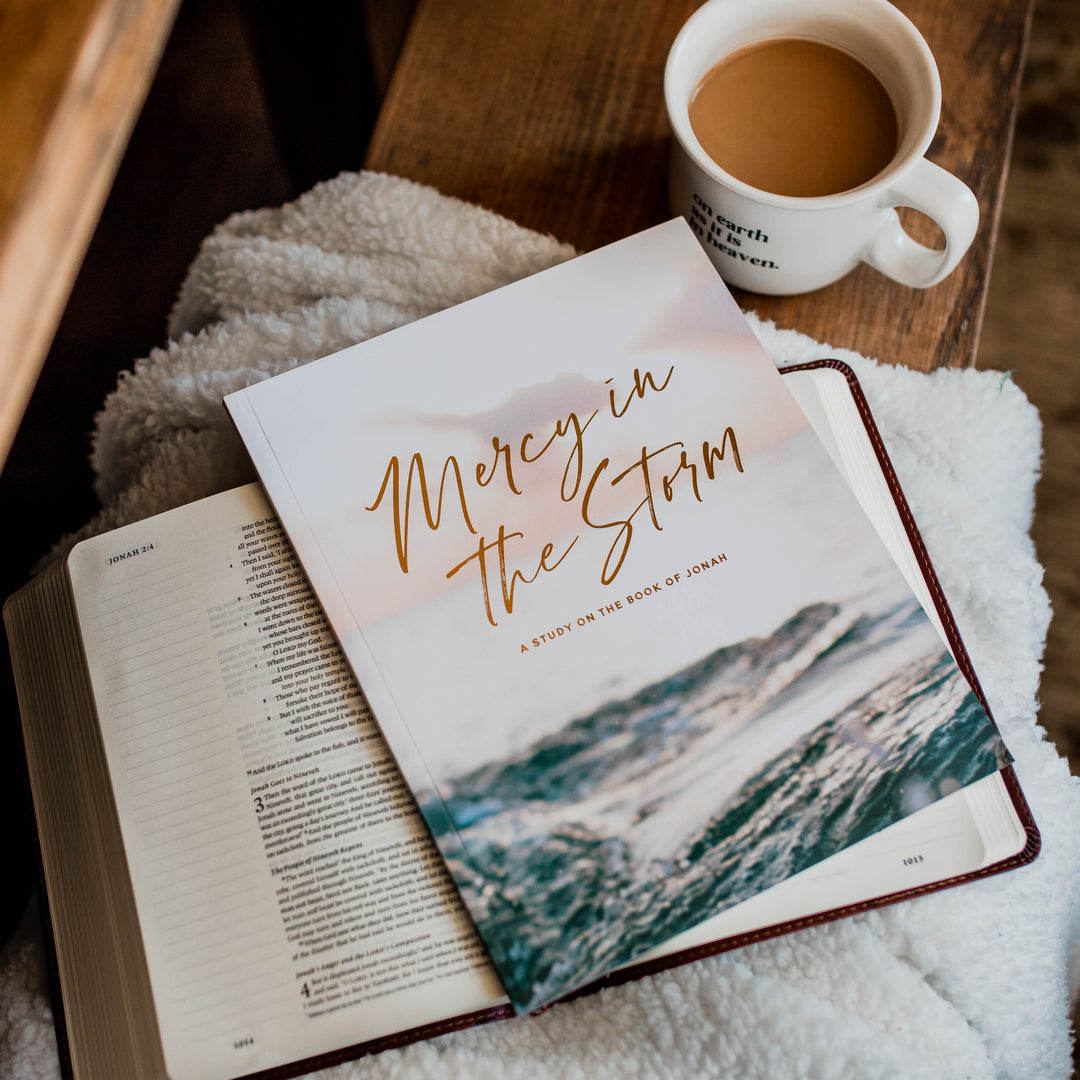 Mercy in the Storm: A Bible study on the Book of Jonah is laying on top of a Bible